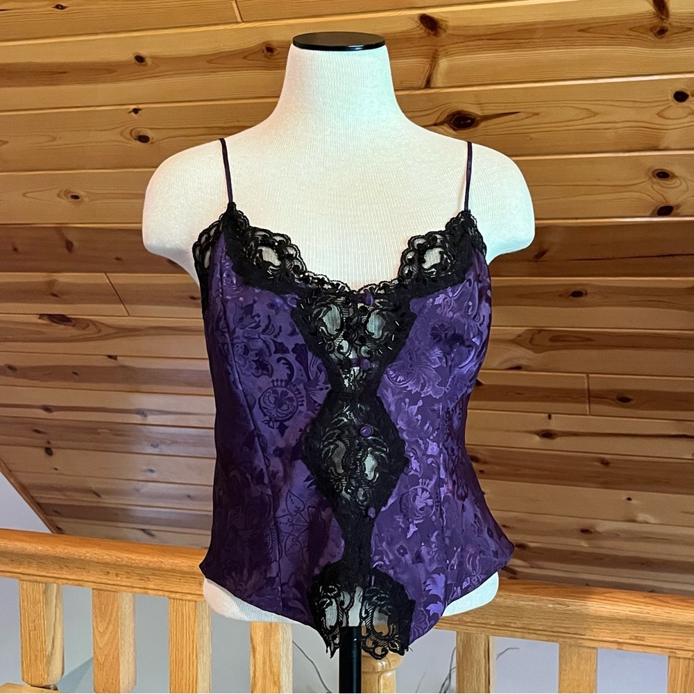 Victoria's Secret Vintage Floral Purple Satin Black Lace Camisole Size S